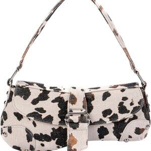 Women's Y2K Leopard Print Shoulder Bag Denim Handbags Retro Cheetah Purses Top H